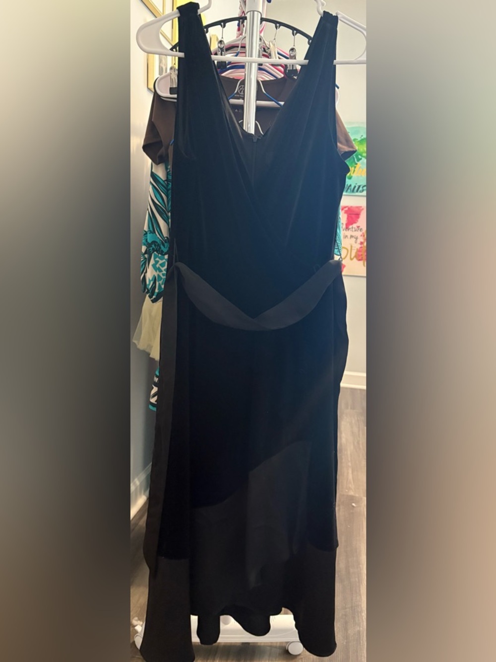 DKNY Black Velvet Maxi Dress with Waist Sash
